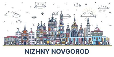 schema nizhny novgorod Russia città orizzonte con colorato moderno e storico edifici isolato su bianca. nizhny novgorod paesaggio urbano con punti di riferimento. vettore