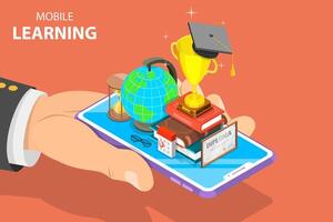 piatto isometrico concetto di mobile formazione scolastica, e-learning, seminario web. vettore