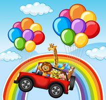 Animali selvaggi in jeep oltre l&#39;arcobaleno vettore