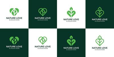 collezione di natura foglia logo design modello con cuore amore design grafico illustrazione. simbolo, icona, creativo. vettore