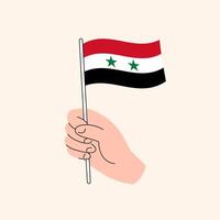 cartone animato mano Tenere siriano bandiera, semplice design. bandiera di Siria, mezzo est, concetto illustrazione, isolato piatto disegno vettore