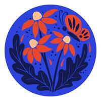 astratto floreale composizione con farfalla nel il giro forma. piatto mano disegnato botanico illustrazione nel incisione tecnica con grunge struttura e graffi. stampare per casa arredamento vettore