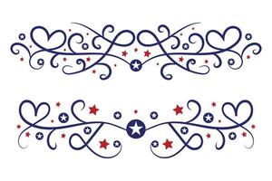 4 ° di luglio lettering intestazione ornato vortici, patriottico rosso stelle, e blu elegante fantasia separatori decorativo elementi, americano indipendenza giorno calligrafia fiorisce testo divisori vettore