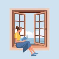 un' carino donna è lettura un' libro mentre seduta vicino un Aperto finestra con un' paesaggio. illustrazione per un' libreria. formazione scolastica e ricreazione concetto. vettore