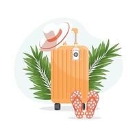 estate sfondo con viaggio valigia, Flip flop e estate cappello. vacanza e viaggio concetto. illustrazione. vettore