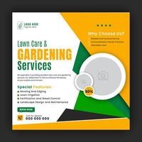 biologico cibo e agricoltura servizio per sociale media copertina o inviare design modello, moderno prato falciatore giardino, o paesaggio servizio con verde pendenza sfondo e astratto giallo colore forma vettore