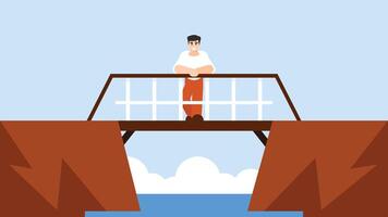 uomo sta su un' fiume ponte per luogo vedendo illustrazione vettore