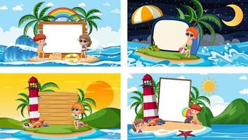 set di diverse scene di spiaggia tropicale con banner bianco vettore