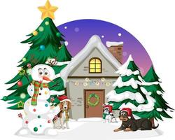 animali in piedi davanti alla casa invernale in tema natalizio vettore