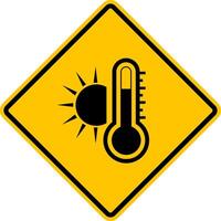 alto temperatura cartello. avvertimento giallo diamante strada cartello con un' immagine di il sole e un' termometro dentro. molto caldo e bollente. rombo strada cartello. vettore