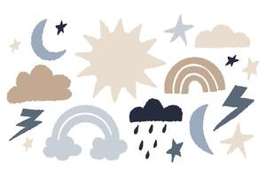 struttura mano disegni tempo metereologico simboli. Luna con stelle e sole, nube, piovere, fulmine e arcobaleno. illustrazione. isolato gesso elementi scarabocchi per design e decorazione. vettore