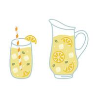 bicchiere con cannuccia e brocca con limonata, Limone fetta e menta foglie, illustrazione nel piatto stile isolato su bianca sfondo vettore