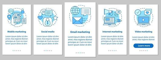 schermata della pagina dell'app mobile onboarding di marketing con concetti lineari. social media, cellulare, e-mail, internet, pubblicità video. pubblicità mirata e contestuale. ux, ui, gui illustrazione vettoriale