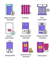 set di icone di colore di riscaldamento. caldaie, radiatori, scaldabagni. caldaie a gas, elettriche, combustibili solidi, pellet, solari. centrali termiche commerciali, industriali e domestiche. illustrazioni vettoriali isolate