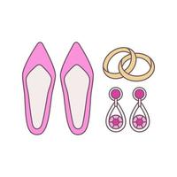 icona del colore degli accessori da sposa. anello di fidanzamento, orecchini e scarpe da sposa. agenzia matrimoniale. illustrazione vettoriale isolato