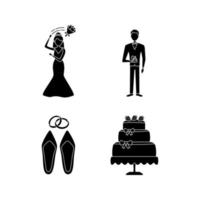 set di icone del glifo di pianificazione del matrimonio. bouquet da lancio dello sposo, sposo, accessori da sposa, torta di fidanzamento. simboli di sagoma. illustrazione vettoriale isolato