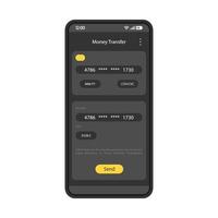 modello di vettore dell'interfaccia dell'app di trasferimento di denaro. layout di design nero dell'interfaccia dell'app mobile. pagamento elettronico. applicazione di banca online. transazione digitale. piatto ui. display del telefono con informazioni sulle carte di credito