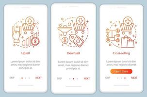 modello di vettore dello schermo della pagina dell'app mobile di marketing onboarding. vendita di prodotti e merci. upsell, downsell, cross-selling. tecniche di vendita procedura dettagliata passaggi del sito web. interfaccia smartphone ux, ui, gui