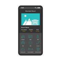 modello di vettore dell'interfaccia smartphone dell'applicazione di prenotazione resort di montagna. layout di design nero dell'app per lo sci mobile. schermata di prenotazione della sistemazione invernale. ricerca hotel sci flat ui. display del telefono digitale