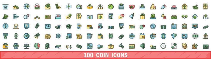 100 moneta icone impostare, colore linea stile vettore