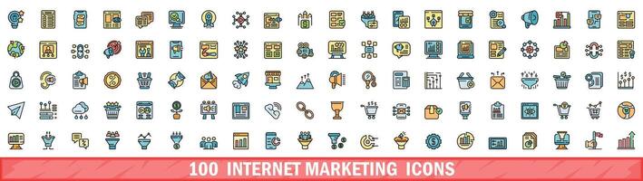100 Internet marketing icone impostare, colore linea stile vettore