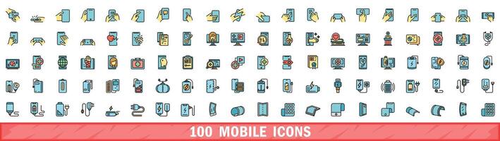 100 mobile icone impostare, colore linea stile vettore