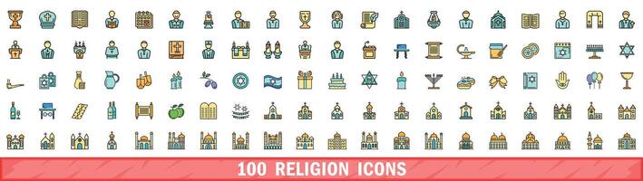 100 religione icone impostare, colore linea stile vettore