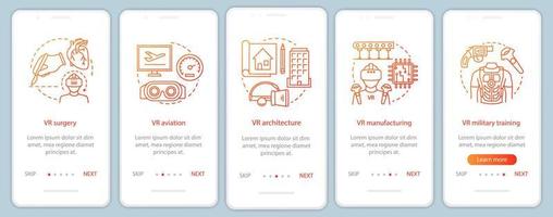 applicazioni di realtà virtuale onboarding schermata della pagina dell'app mobile con concetti. vr produzione, aviazione, militare, chirurgia procedura dettagliata istruzioni grafiche. ux, ui, gui modello vettoriale con icone