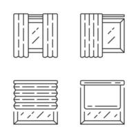 per finestre e tende set di icone lineari. coppia di pannelli, binari, tende plissettate, tende a rullo. negozio di articoli per la casa. simboli di contorno linea sottile. illustrazioni di contorno vettoriale isolato. tratto modificabile