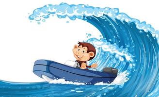 scimmia felice che guida la barca sull'onda dell'oceano vettore