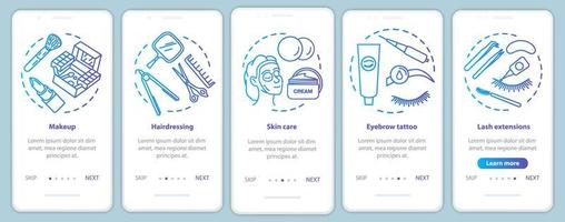 modello di vettore dello schermo della pagina dell'app mobile di onboarding dei servizi del salone di bellezza blu. trucco, parrucchiere. procedura dettagliata del sito Web con illustrazioni lineari. ux, ui, gui concetto di interfaccia per smartphone