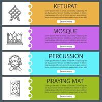 set di modelli di banner web cultura islamica. ketupat, moschea, daf, tappeto da preghiera. voci di menu del sito Web con icone lineari. concetti di design delle intestazioni vettoriali