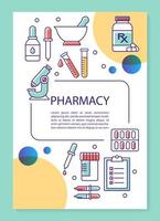 layout del modello di poster dell'industria farmaceutica. produzione di farmaci. banner, opuscolo, stampa di volantini con icone lineari. layout di pagina brochure vettoriali per riviste, volantini pubblicitari