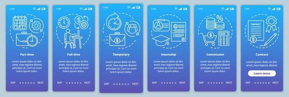 tipi di lavoro modello di vettore della schermata della pagina dell'app mobile onboarding blu. parziale, a tempo pieno, temporaneo, tirocinio. procedura dettagliata del sito Web con illustrazioni lineari. ux, ui, gui concetto di interfaccia per smartphone