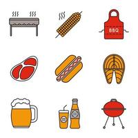 set di icone di colore barbecue. barbecue. grigliate, spiedini di mais, grembiule, bistecca, hot dog, pesce, boccale di birra, soda. illustrazioni vettoriali isolate