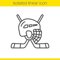 icona lineare dell'attrezzatura di hockey su ghiaccio. illustrazione di linea sottile. bastoni da hockey e simbolo di contorno del casco. disegno vettoriale isolato contorno