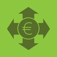 icona del colore del glifo spesa soldi. simbolo di sagoma. valuta euro con tutte le frecce di direzione. distese. spazio negativo. illustrazione vettoriale isolato