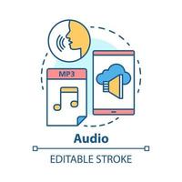 icona del concetto audio. ascolto udito informazioni idea illustrazione al tratto sottile. canzoni, audiolibri, discorsi. dischi stereo, suoni e file musicali. disegno vettoriale isolato profilo. tratto modificabile