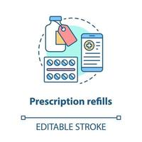 icona del concetto di ricariche di prescrizione. illustrazione di linea sottile idea farmacia. acquisto, consultazione di farmaci prescritti dal medico. prendendo farmaci rx. disegno vettoriale isolato profilo. tratto modificabile