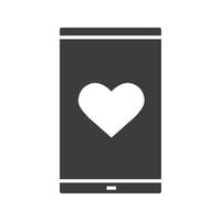 icona del glifo con app di incontri per smartphone. simbolo di sagoma. smartphone a forma di cuore. spazio negativo. illustrazione vettoriale isolato