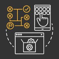 test di usabilità icona del concetto di gesso. illustrazione della linea sottile dell'idea della fase di sviluppo del software. interazione dell'utente con il sistema. programmazione dell'app. è un'idea progettuale. illustrazione vettoriale di lavagna isolata