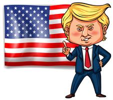 Presidente degli Stati Uniti Trump con bandiera americana sullo sfondo