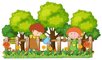 Bambini felici che innaffiano le piante in giardino vettore