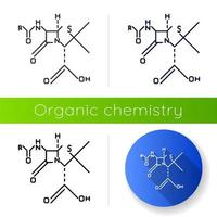 icona di formula molecolare chimica. disposizione di legame degli atomi. schema di chimica organica. composti di elemento. design piatto, stili lineari, neri e a colori. illustrazioni vettoriali isolate