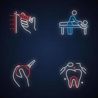 set di icone di luce al neon procedura medica. iniezione con siringa. massaggio. lavaggio. cure odontoiatriche. igiene orale. aiuto clinico. massaggiatore e paziente. segni luminosi. illustrazioni vettoriali isolate