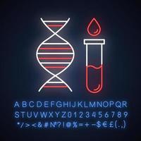 test genetici icona della luce al neon. esame del dna. sangue in fiala. procedura medica. biochimica. cromosoma, elica genica. segno luminoso con alfabeto, numeri e simboli. illustrazione vettoriale isolato