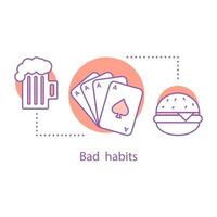 icona del concetto di cattive abitudini. illustrazione della linea sottile di idea di stile di vita malsano. fast food, alcolici, giochi d'azzardo. disegno vettoriale isolato contorno