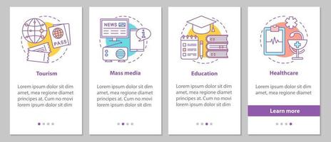 schermata della pagina dell'app mobile di onboarding del settore pubblico con concetti lineari. mass media, istruzione, turismo, istruzioni grafiche per i passaggi sanitari. ux, ui, gui modello vettoriale con illustrazioni