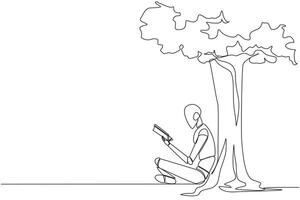 continuo uno linea disegno robot seduta lettura libro sotto ombreggiato albero. continuando secondo volume di il finzione storia libro. godere lettura. libro Festival. singolo linea disegnare design illustrazione vettore