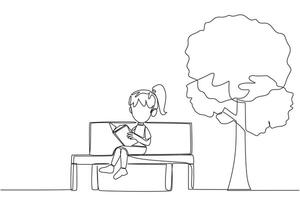 singolo continuo linea disegno ragazza seduta su scuola parco panchina lettura libro. imparare di rilettura manuale. leggere per ottenere massimo segni. lettura aumentare intuizione. uno linea design illustrazione vettore